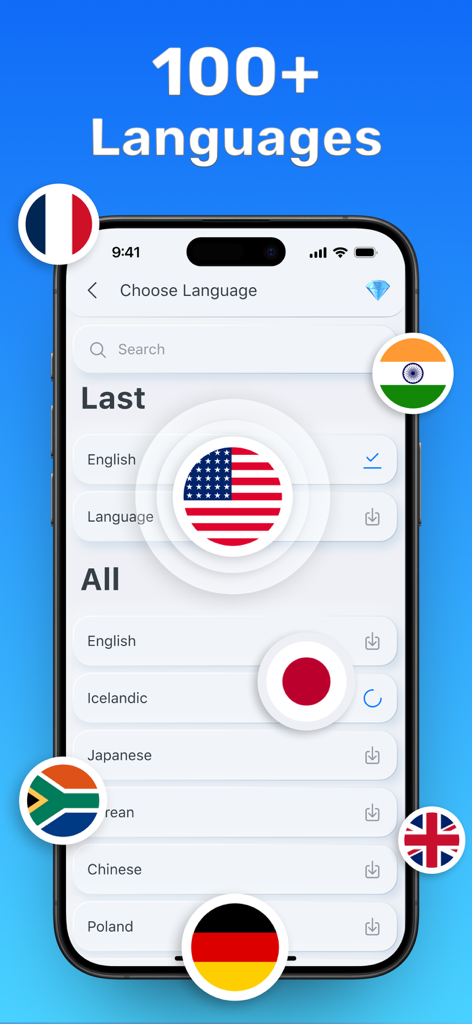 AI Translate: Live Translator - AI Translate app showing more than 100 available languages with international flags