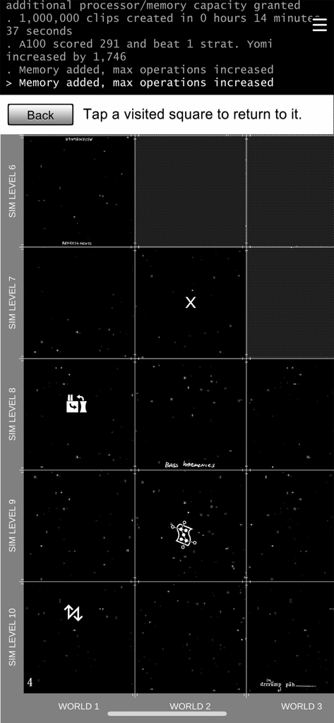 Universal Paperclips™ - Minimalist grid interface of Universal Paperclips showing simulation levels and worlds