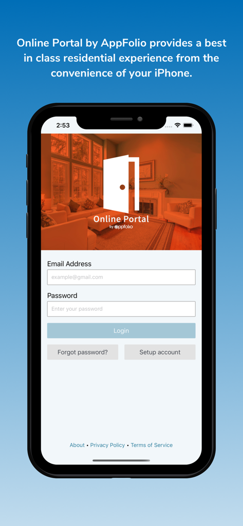 Online Portal by AppFolio - Login screen of the Online Portal by AppFolio app on an iPhone featuring email and password input fields for residents