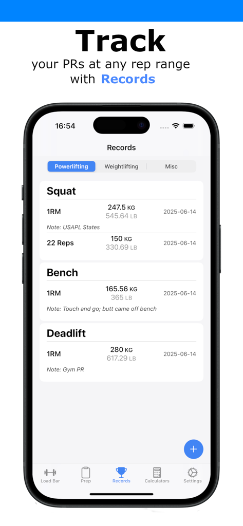 Bar Is Loaded - Gym Calculator - Bar Is Loaded app screen displaying personal records for powerlifting lifts