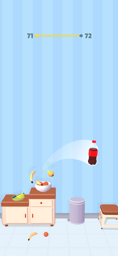 Flip the Bottle: Jump Bottle - A soda bottle jumping over kitchen furniture in a physics-based mobile game.