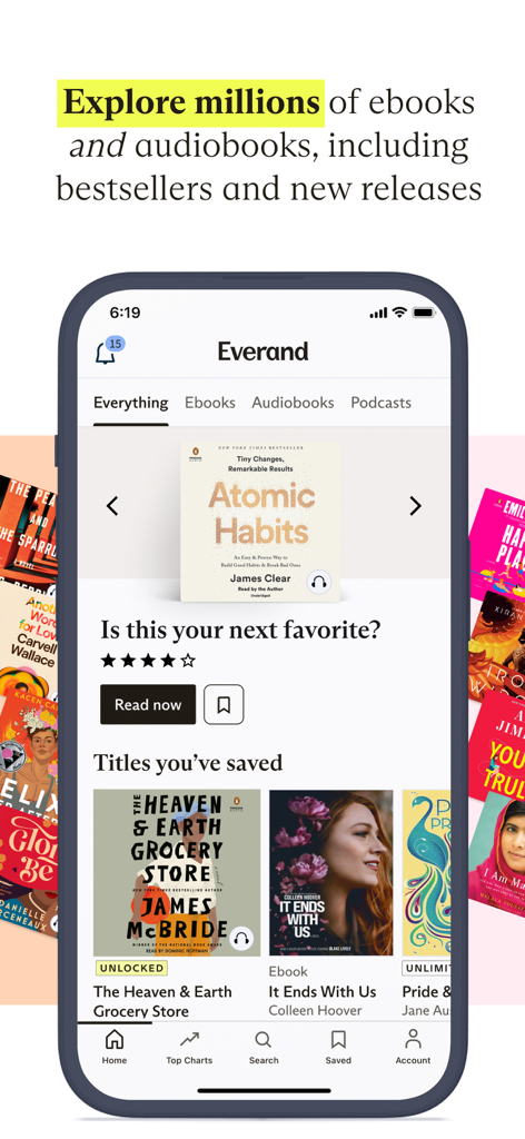 Everand App-Oberfläche mit einem vorgestellten Buch Atomic Habits und einem Abschnitt für gespeicherte E-Books und Hörbücher