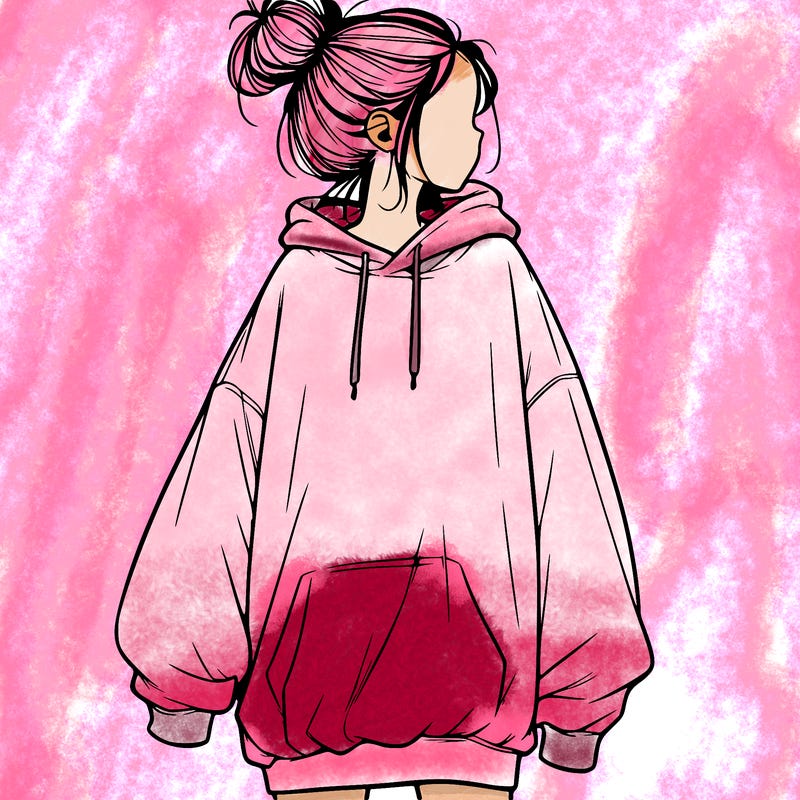 realistic girl with a oversized sweatshirt on and a bun