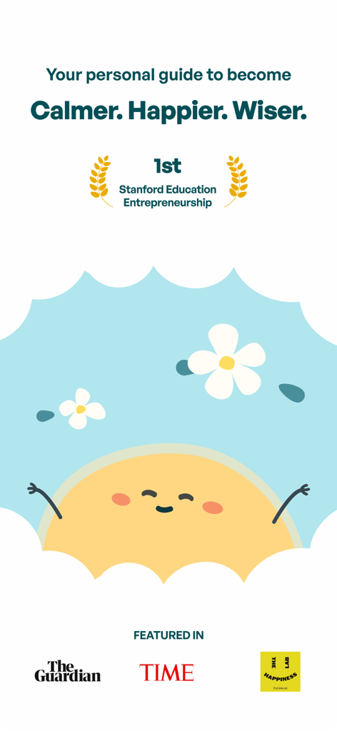 Flourish: 24/7 Wellness Buddy - Flourishウェルネスアプリの紹介画面。Sunnieキャラクターとスタンフォード大学教育起業家賞が特徴