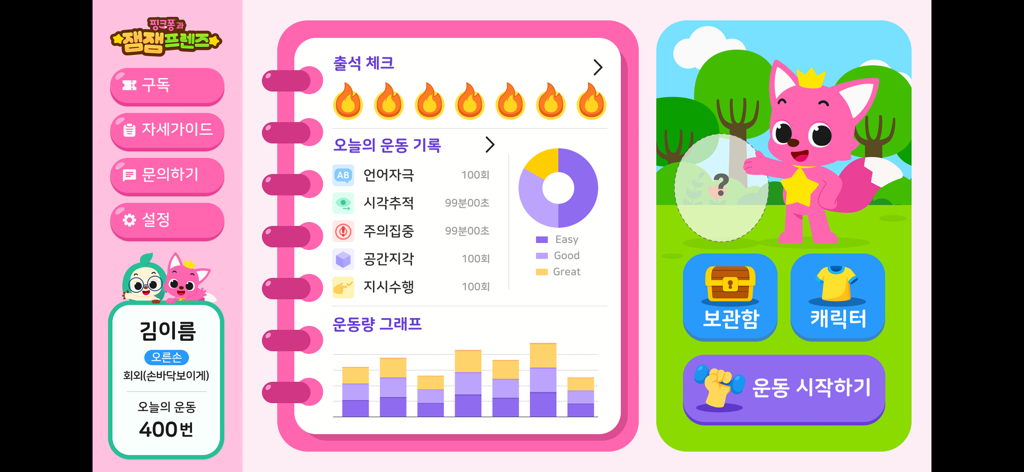 Dashboard of the gemgem400 app showing children therapy progress charts and a Pinkfong character menu