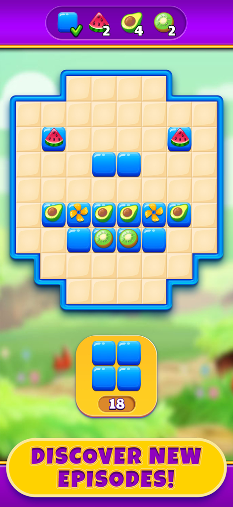 Royal Cat Puzzle - A block puzzle game board featuring fruit icons and a discover new episodes banner