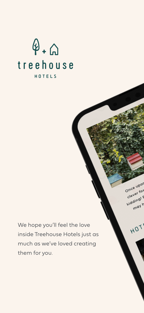Treehouse Hotels - 트리하우스 호텔 앱 환영 화면, 브랜드 로고와 감성적인 자연 이미지가 특징입니다.