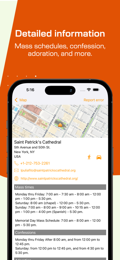 Catholic Mass Times app screen showing Saint Patrick's Cathedral Mass schedules and confession times
