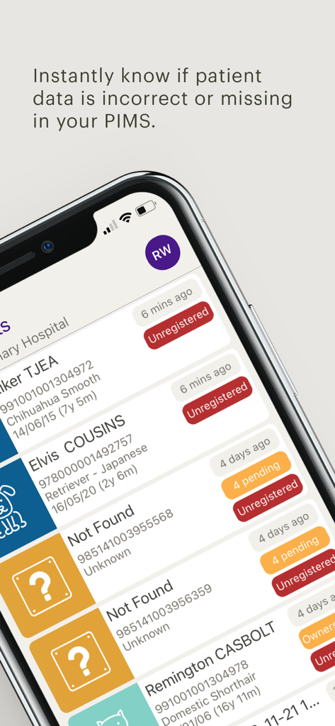 Vedi app interface showing a list of veterinary patients with their registration and record status