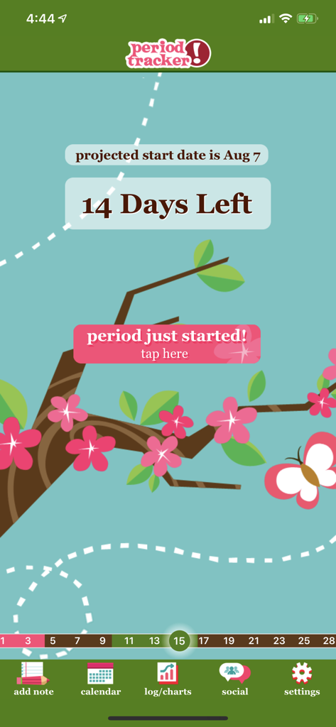 Period Tracker Deluxe - Pantalla de inicio de la aplicación Period Tracker Deluxe que muestra 14 días hasta el próximo período con un lindo diseño floral