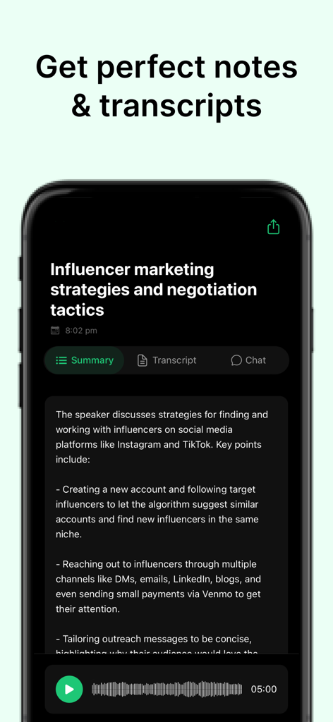 Yap: AI Note Taker - A mobile app interface displaying an AI-generated meeting summary with transcript and chat options.