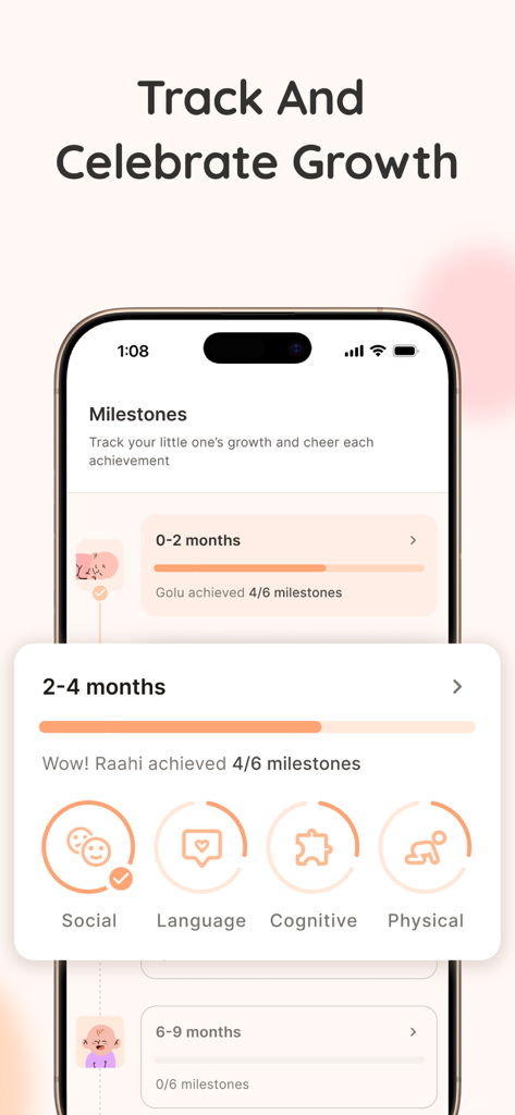 Coozy mobile app screen showing baby developmental milestones progress across social language cognitive and physical categories