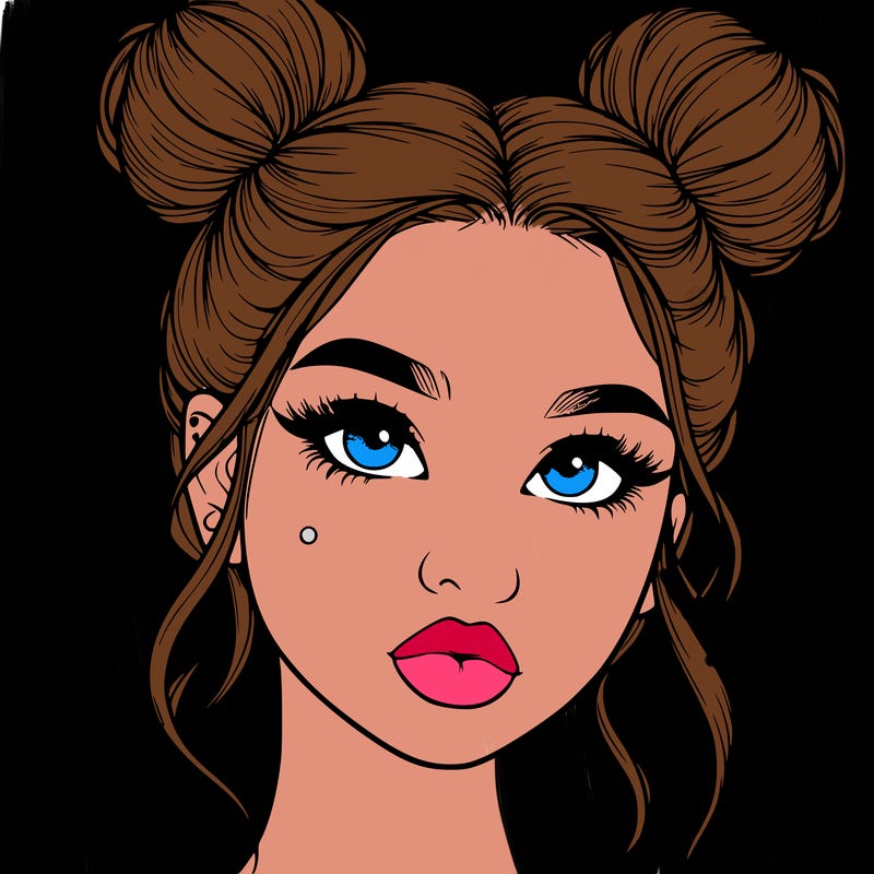 realistic girl with two buns on her hair and lips