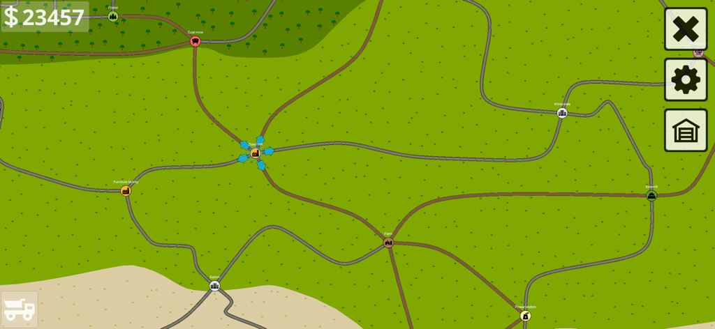 Una mappa logistica 2D dall'alto che mostra percorsi di trasporto tra varie località come una miniera di carbone, un'acciaieria e una fattoria.