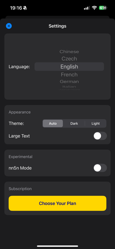 SCP Foundation Archive nn5n - Settings screen of the SCP Foundation Archive app showing language selection and appearance options