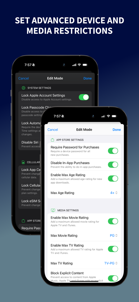 Guest Mode: Lock Apps - Interface showing advanced device and media restrictions settings in the Guest Mode app.
