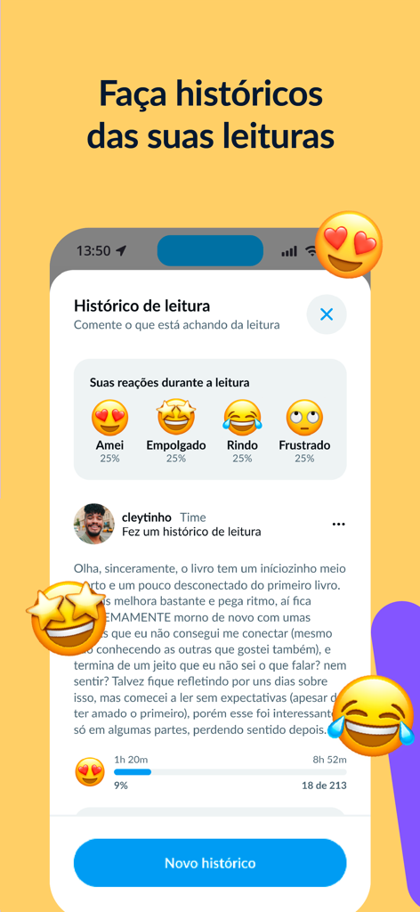 Skoob - Organize suas leituras - Skoob app interface showing reading history with emoji reactions and user reviews