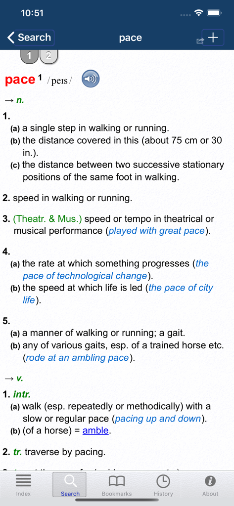 A screenshot of the Australian Oxford Dictionary mobile app displaying the definition and pronunciation of the word pace