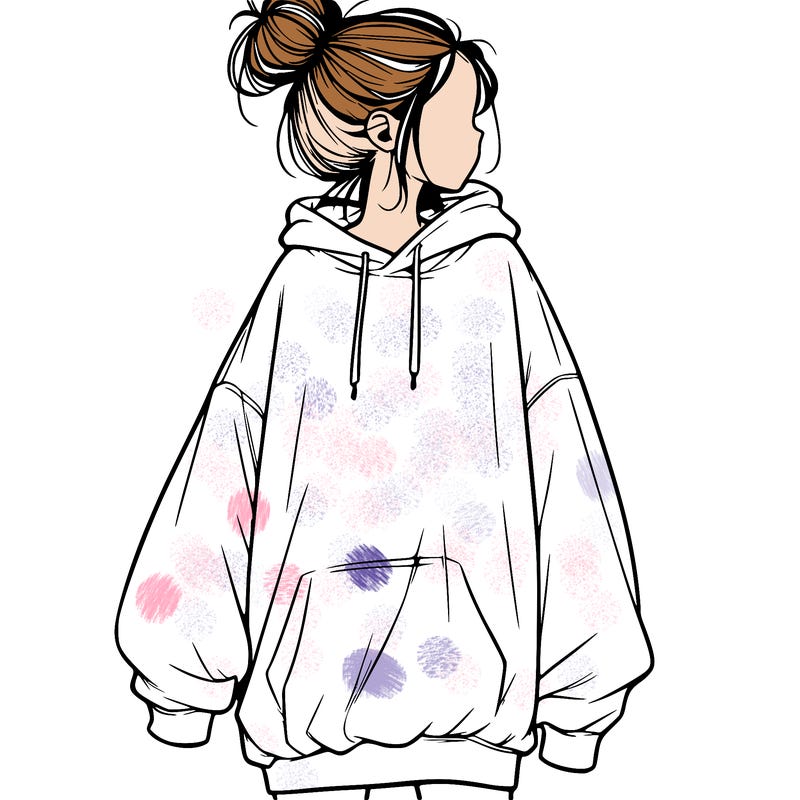 realistic girl with a oversized sweatshirt on and a bun