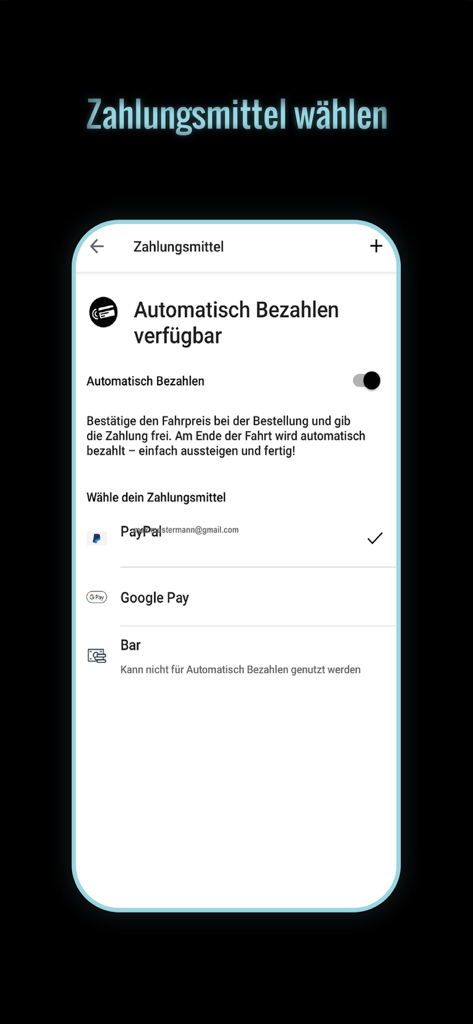 Taxi 40100 zum Fixpreis fahren - Mobile App-Bildschirm mit Zahlungsoptionen, einschließlich PayPal und Google Pay für Taxifahrten