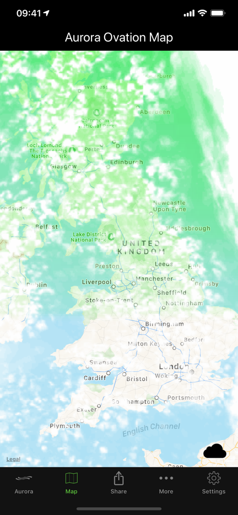 AuroraWatch UK Aurora Alerts - AuroraWatch UK app screenshot showing the aurora ovation map with activity and cloud cover over the United Kingdom