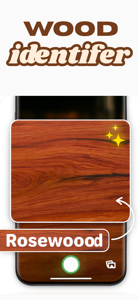 Wood Identifier AI Scanner - Smartphone screen showing the Wood Identifier app scanning a wood grain and identifying it as Rosewood
