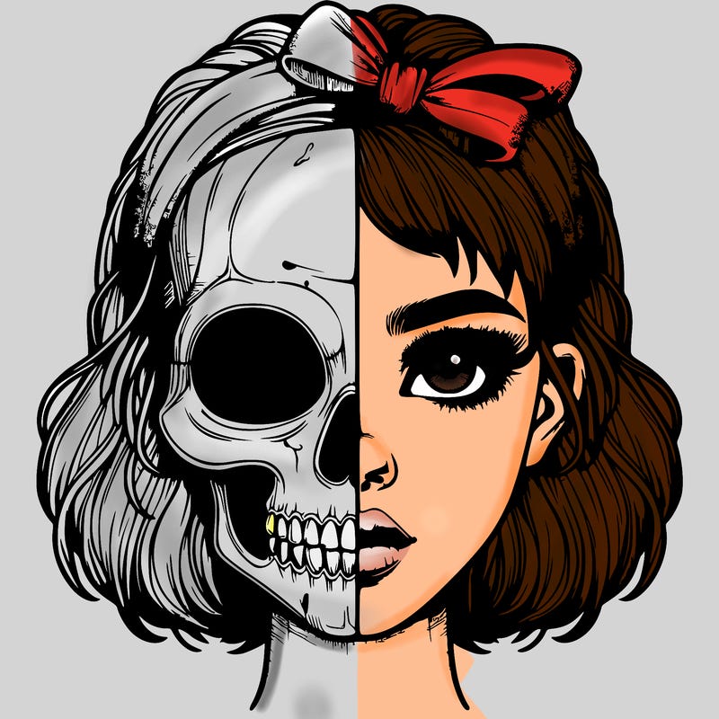 realistic girl with half skull mask