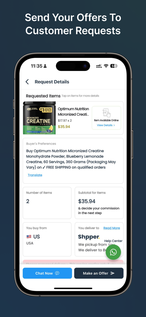 Shpper - Shpper mobile app interface showing customer request details for a product with a make an offer button for travelers