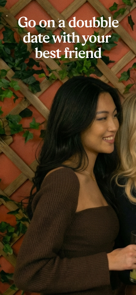 Doubble: Date, Friends, Party - Young woman smiling in a social setting with text about double dating with a best friend