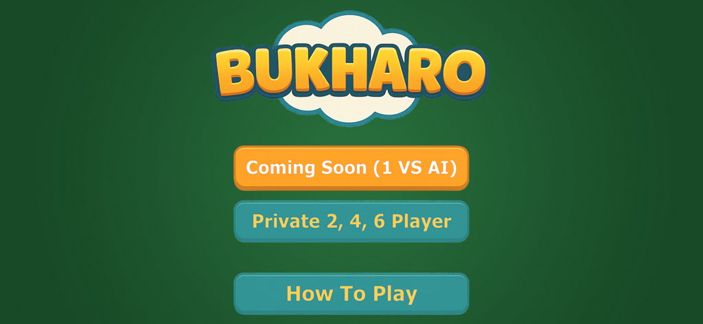Bukharo - Main menu of the Bukharo card game app featuring buttons for private multiplayer mode and how to play instructions