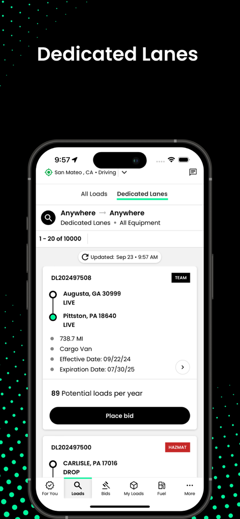 RXO Driveモバイルアプリの画面に、トラックドライバー向けの専用貨物レーンが表示されています