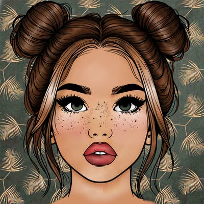realistic girl with two buns on her hair and lips