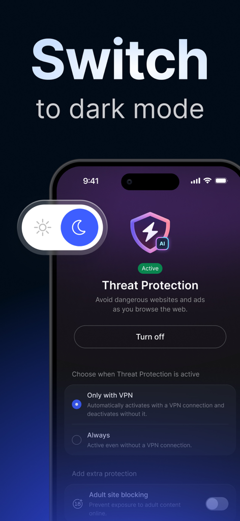 NordVPN app interface on an iPhone showing a dark mode toggle and threat protection settings
