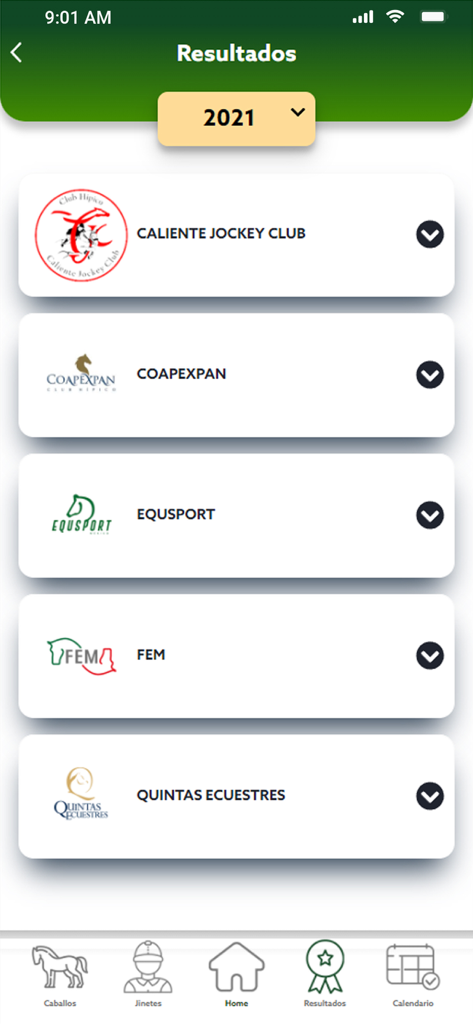 FEM - Mobile screen of the FEM app showing equestrian competition results categorized by horse clubs for the year 2021.
