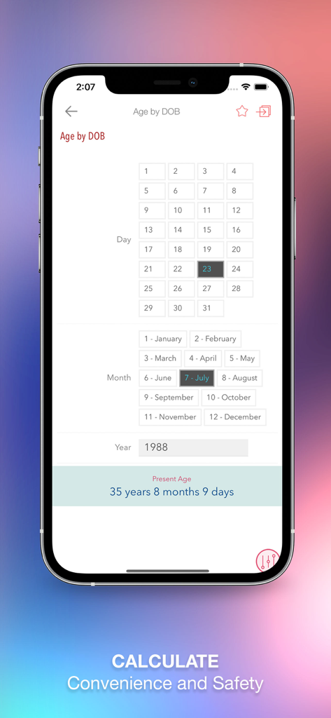 Harrison’s Manual Medicine app interface showing an age by date of birth calculator tool.