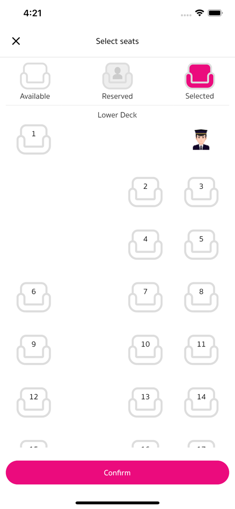 Eine mobile Benutzeroberfläche der Kanchanaburi Express App, die eine Sitzplatzkarte des Busses zur Auswahl verfügbarer Fahrgastsitze anzeigt.