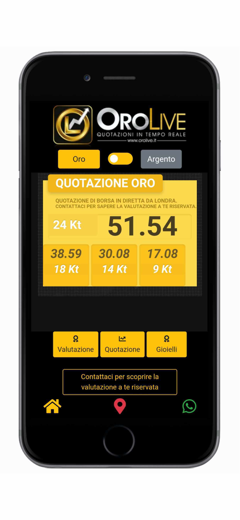 OroLive - Compro oro Roma - Interfaccia dell'app mobile OroLive che mostra i prezzi dell'oro in tempo reale per vari carati