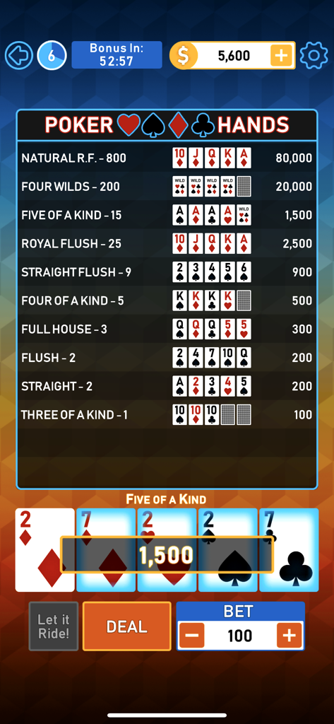 Video Poker Multi Bonus - Video Poker Multi Bonus mobile game interface displaying a five of a kind win and a detailed pay table.