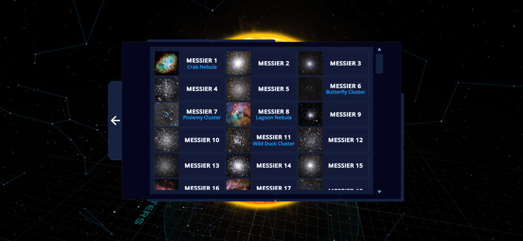 A list of Messier objects in the Solar System Scope app showing deep-sky objects with thumbnails and titles