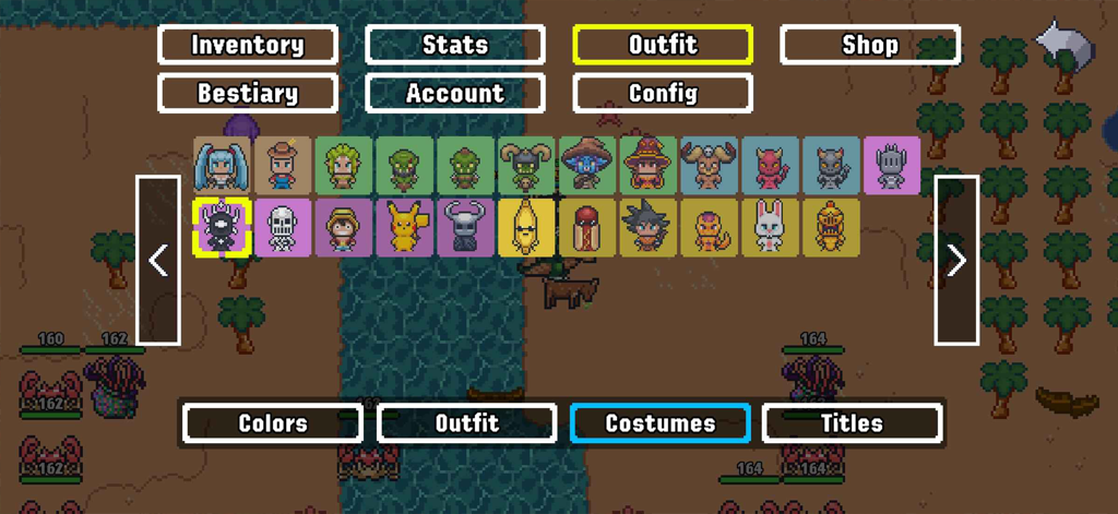 World of Solaria - MMORPG - World of Solaria character costume selection menu featuring various 2D pixel art avatars.
