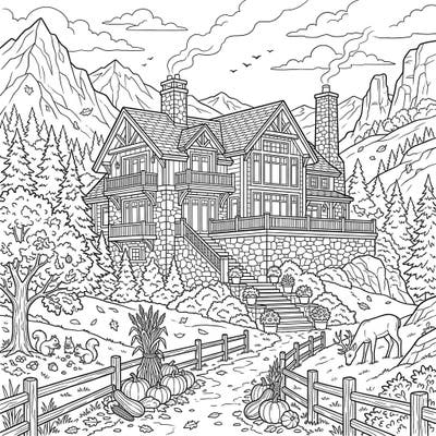 Immerse yourself in the beauty of fall with this captivating coloring page featuring a luxurious mountain mansion. Adorned with autumn decorations and wildlife, it promises a relaxing and engaging coloring experience for all ages.