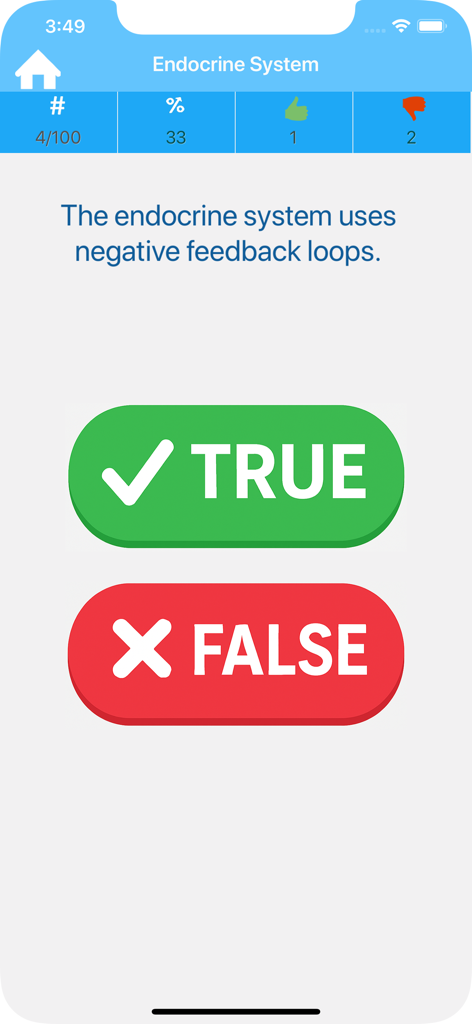 True False : Anatomy Trivia - Interfaz de cuestionario de aplicación móvil que muestra una pregunta de verdadero o falso sobre el sistema endocrino con botones grandes verdes y rojos.
