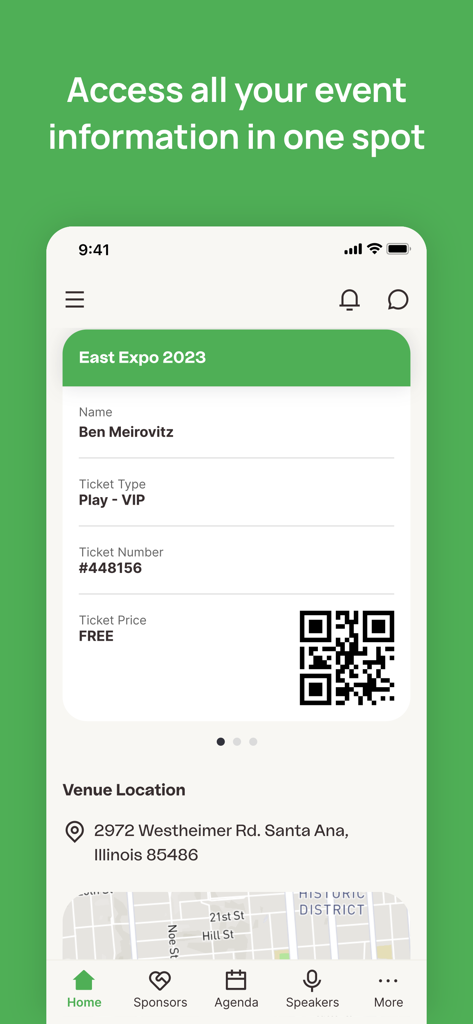 Fintech Americas Miami! - Digital event ticket with QR code and venue location in the Fintech Americas app