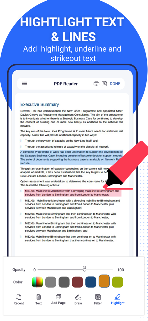 PDF Editors - Interface móvel do aplicativo Editores de PDF mostrando o recurso de realçar texto e linhas com opções de cor e opacidade.