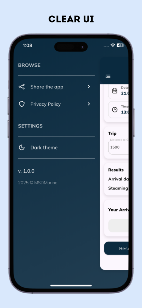 Settings menu of the ETA Calculator maritime app showing a dark theme toggle and clear user interface
