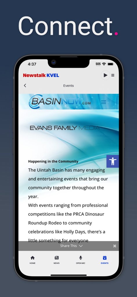 Newstalk 104.5 KVEL - Newstalk 104.5 KVEL mobile app events page listing community news and activities.