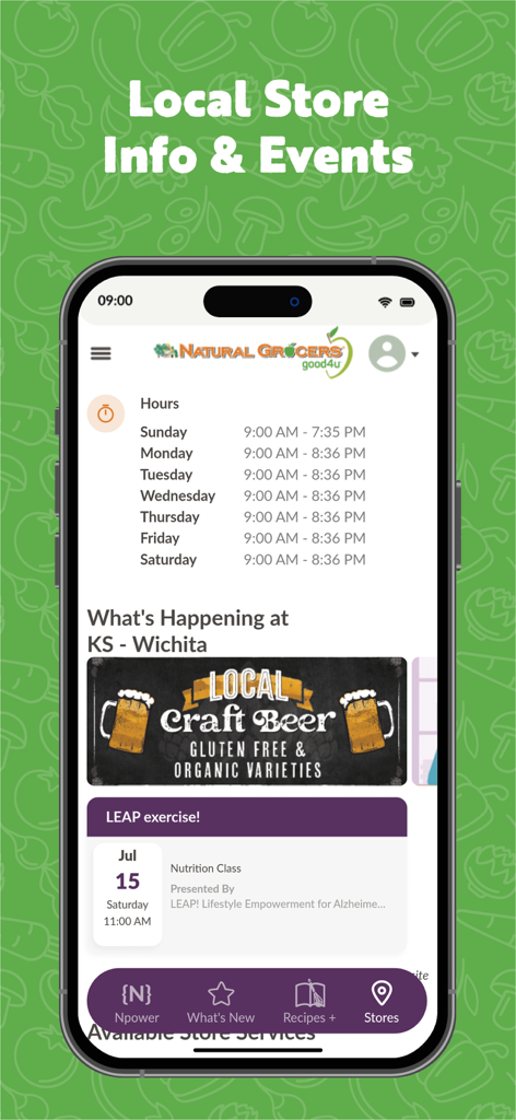 Natural Grocers - L'app mobile Natural Grocers mostra gli orari dei negozi locali e i prossimi eventi della community