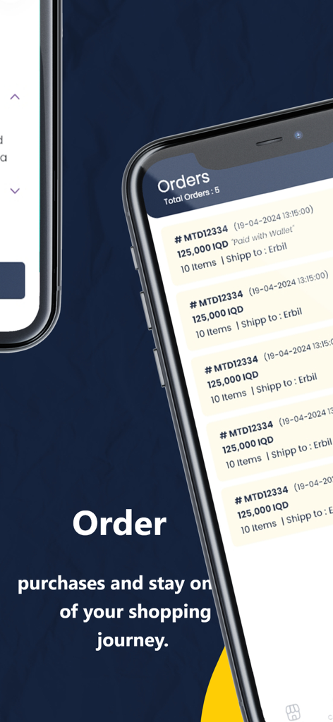 WeOrder Iraq - Screenshot of the WeOrder Iraq app showing a list of shipping orders with order IDs and prices in IQD