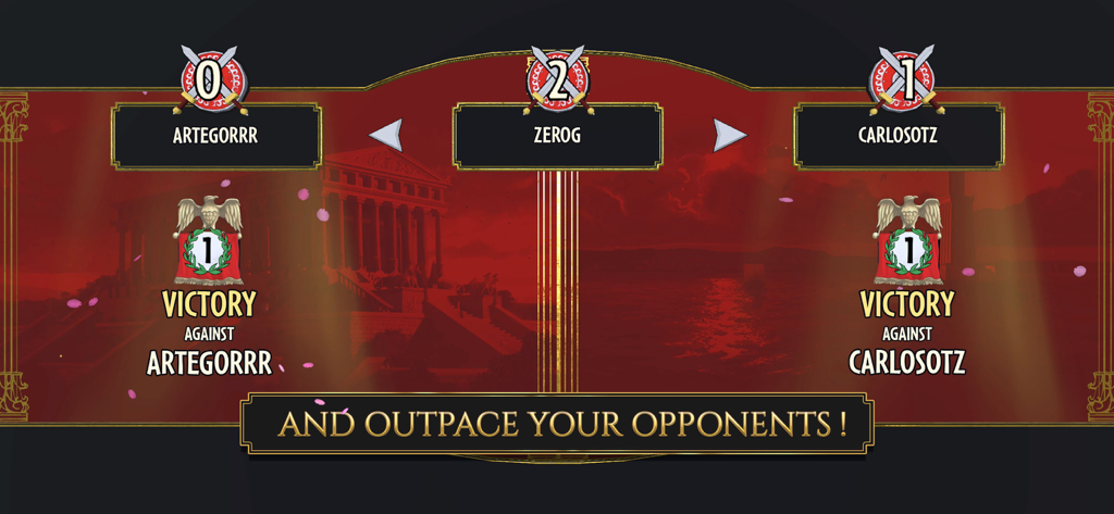 7 Wonders - Pantalla de comparación de victoria en la aplicación móvil 7 Wonders mostrando puntos militares contra oponentes en línea