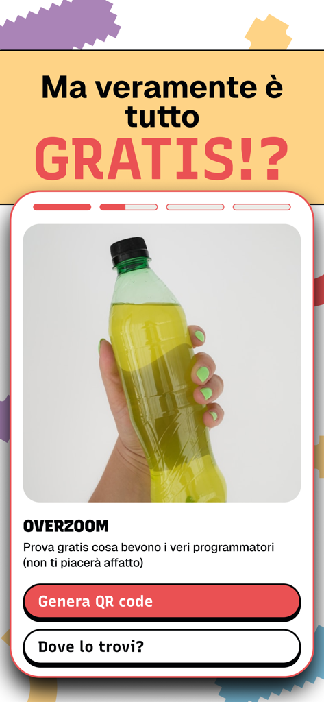 Tiè - Mobile app screen showing a free drink sample offer with a button to generate a QR code for pickup